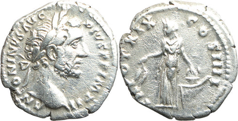 Ancient Roman silver denarius of the Emperor Antoninus Pius minted in Rome